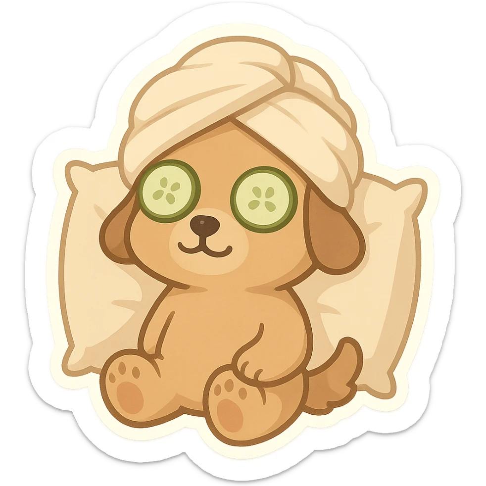 Relaxed dog with cucumber slices on eyes, towel wrapped on head and pillow sticker