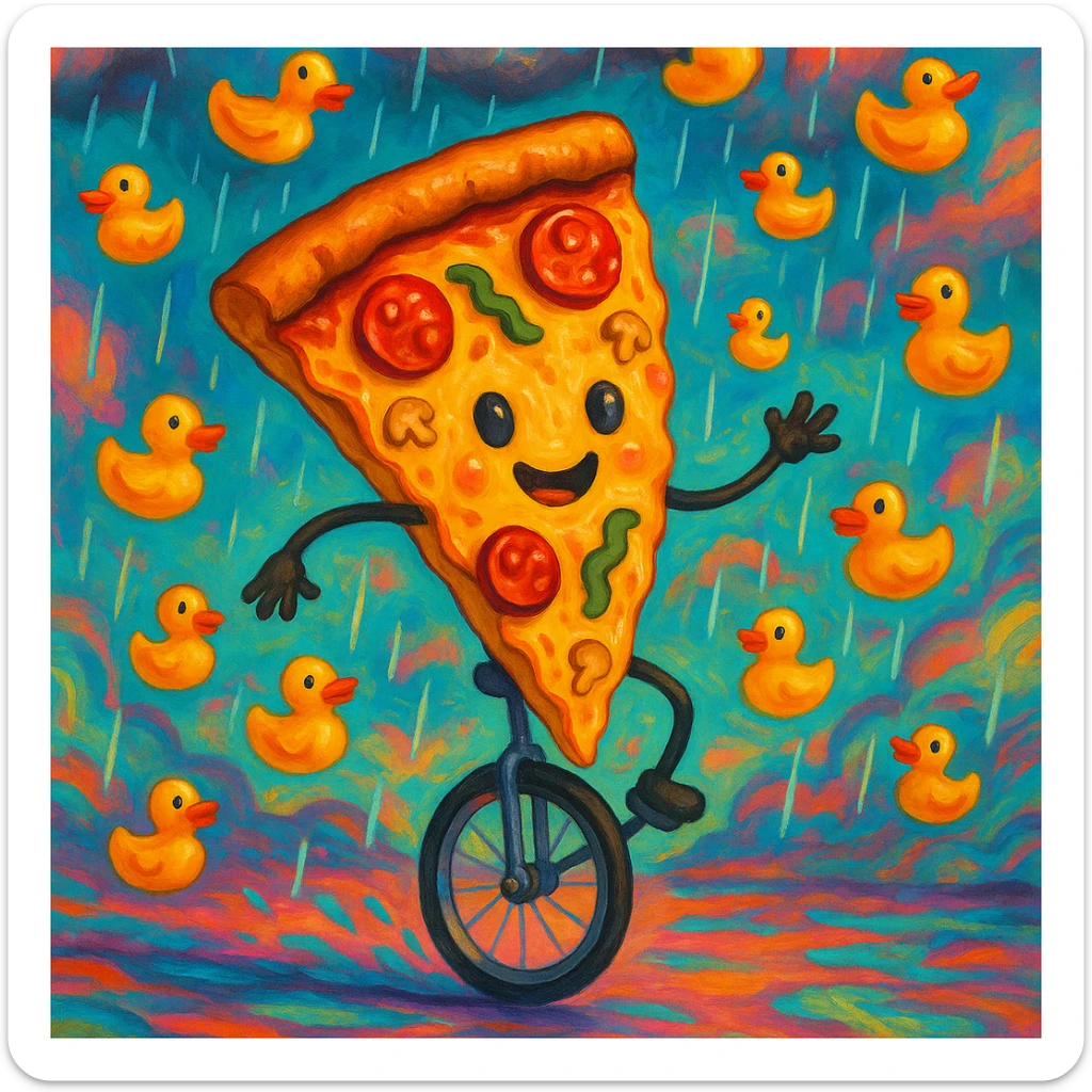 absurd surreal style slice of pizza riding a unicycle through a rainstorm of rubber ducks sticker
