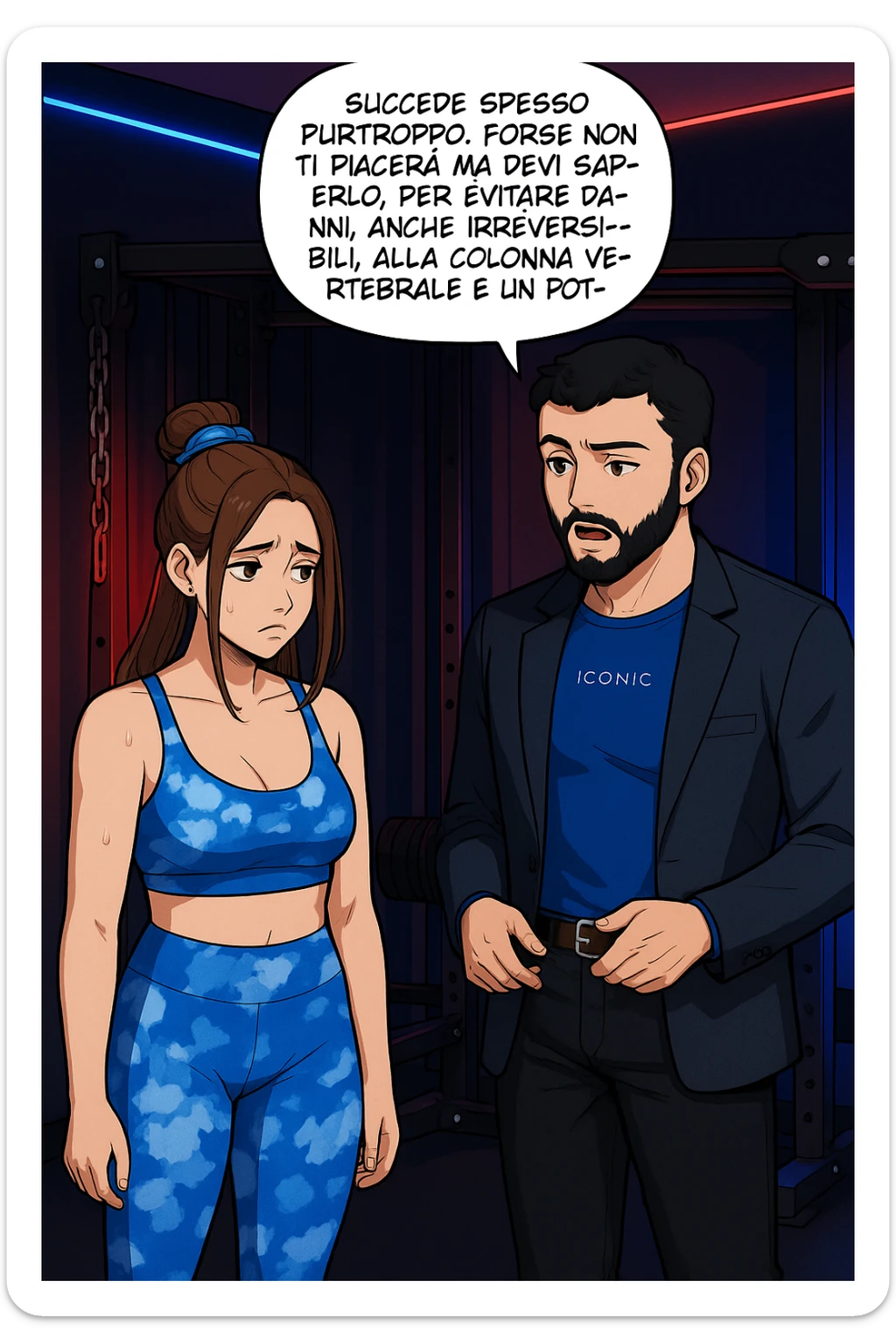 fai questa immagine in versione manga/webtoon a colori, il manga mostra l'uomo che risponde alla donne:
Succede spesso purtroppo. 
Forse non ti piacerà ma devi saperlo, per evitare danni, anche irreversibili, alla colonna vertebrale e un potenziale intervento chirurgico. sticker