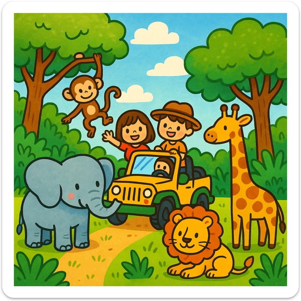 digital illustration of jungle safari in the style of children's illustration   sticker