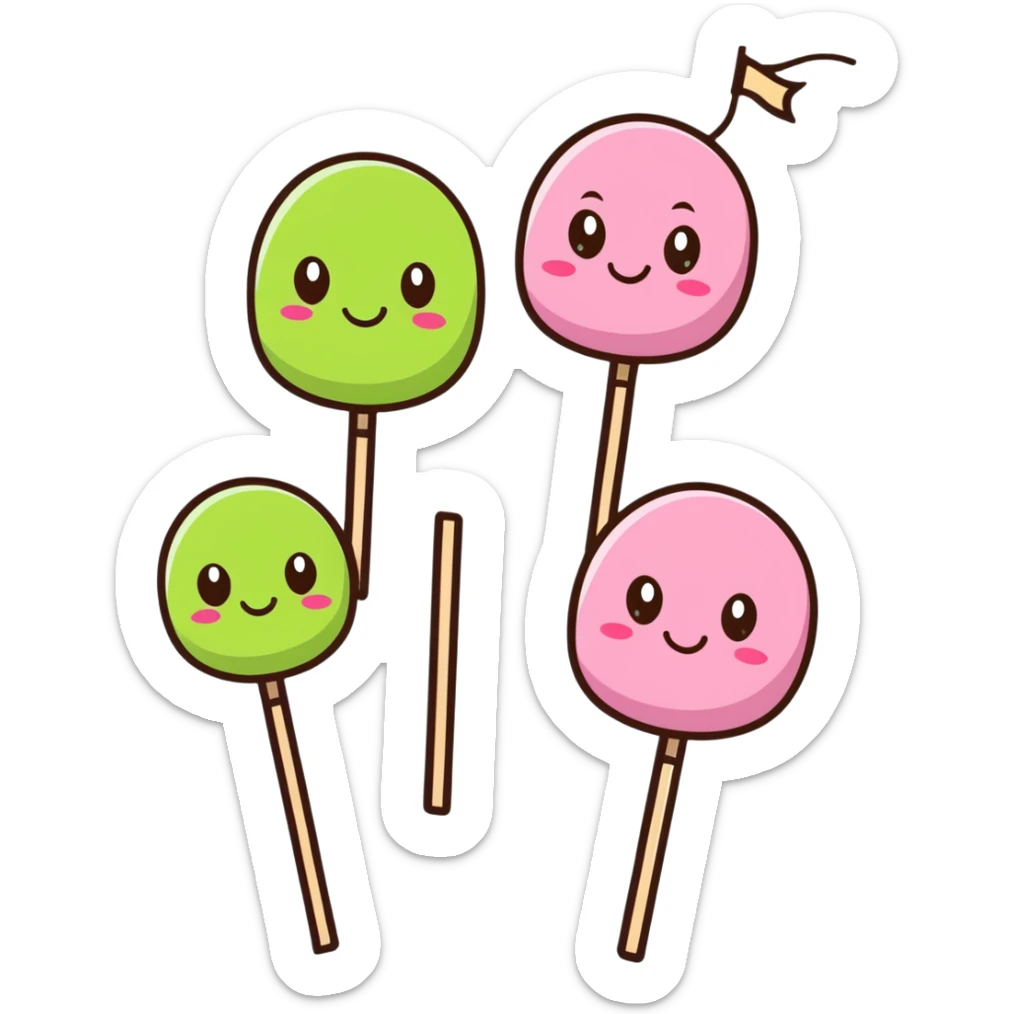 Cute kawaii Japanese dango with happy face, three colorful rice balls on a stick with pink, white, and green colors sticker