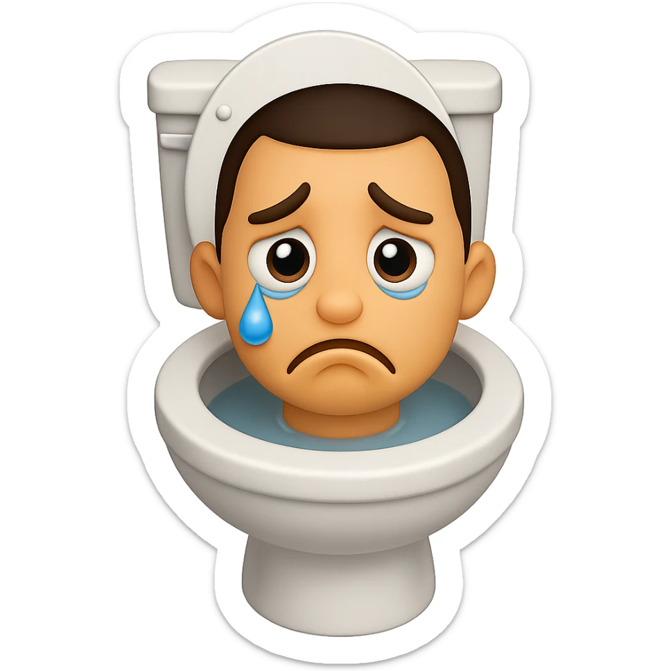 Create an image in the style of apple emojis of a toilet with a cartoonish, exaggerated head emerging from the bowl, looking sad with teary eyes and a downturned mouth. Use a transparent background. sticker