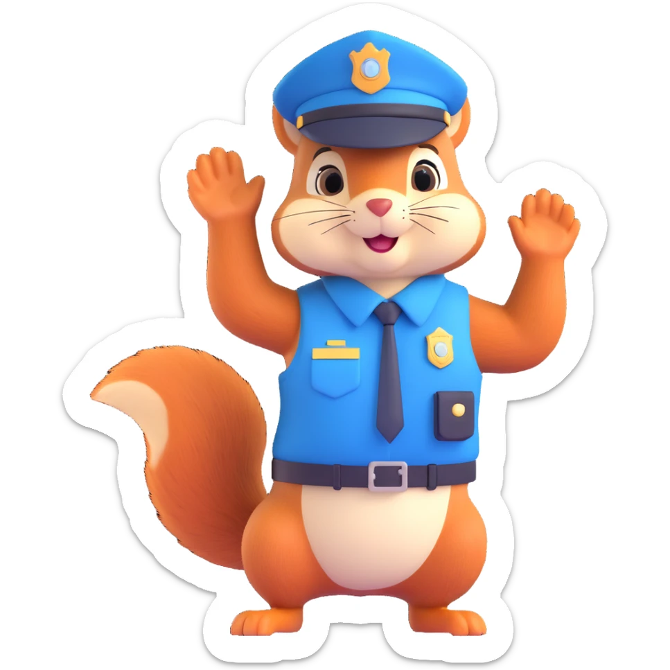 a cute squirrel police officer, saluting, wearing a police cap and vest, cheerful sticker