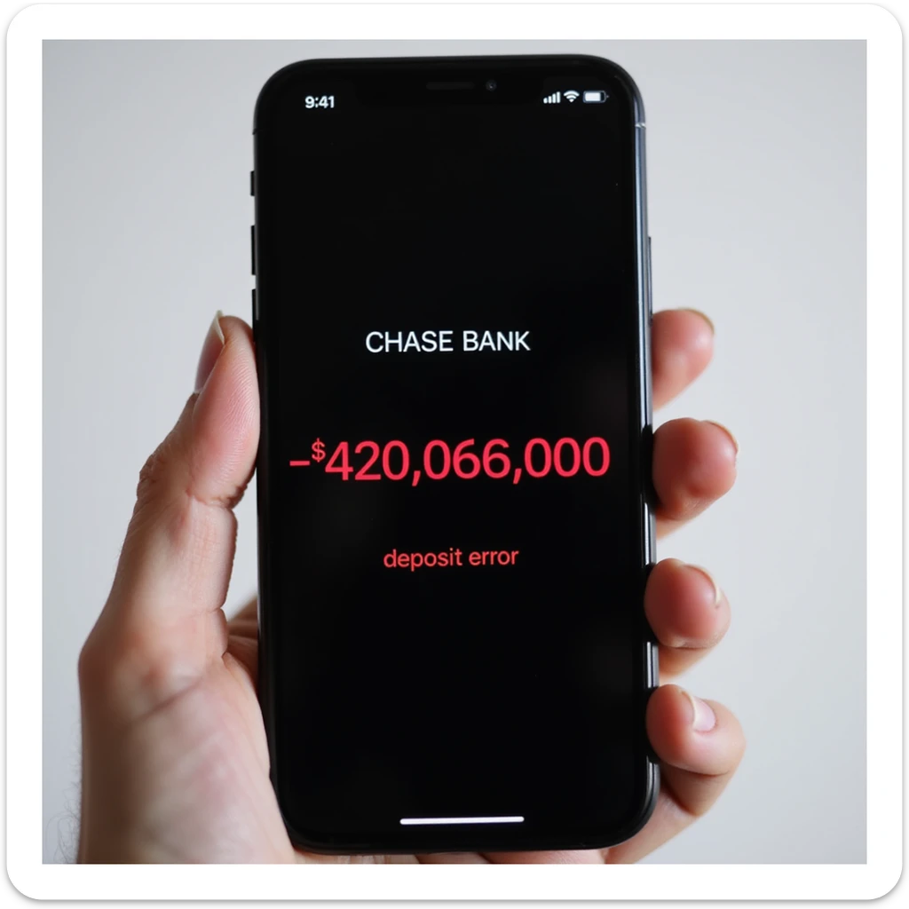 a iphone screenshot showing a chase bank balance of -$420,069,000, "deposit error" the numbers are shown in red, indicating a negative balance sticker