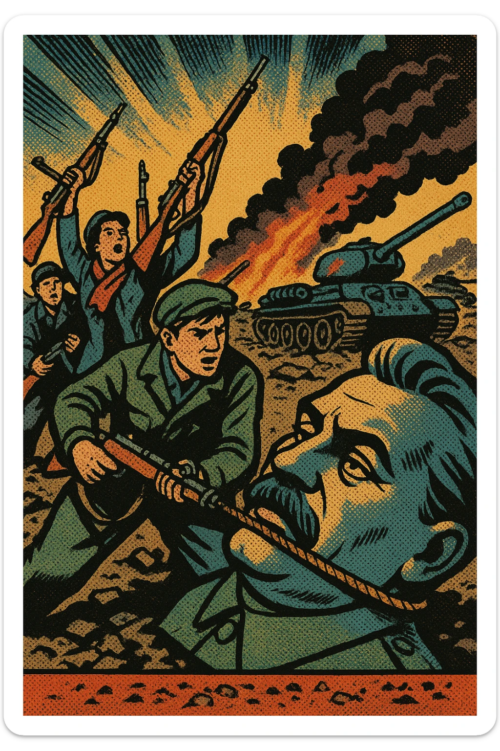 A picture of The Hungarian Uprising 1956 with the head of stalin's statue being pulled down by armed protestors with burnt out Russian tanks in the background sticker