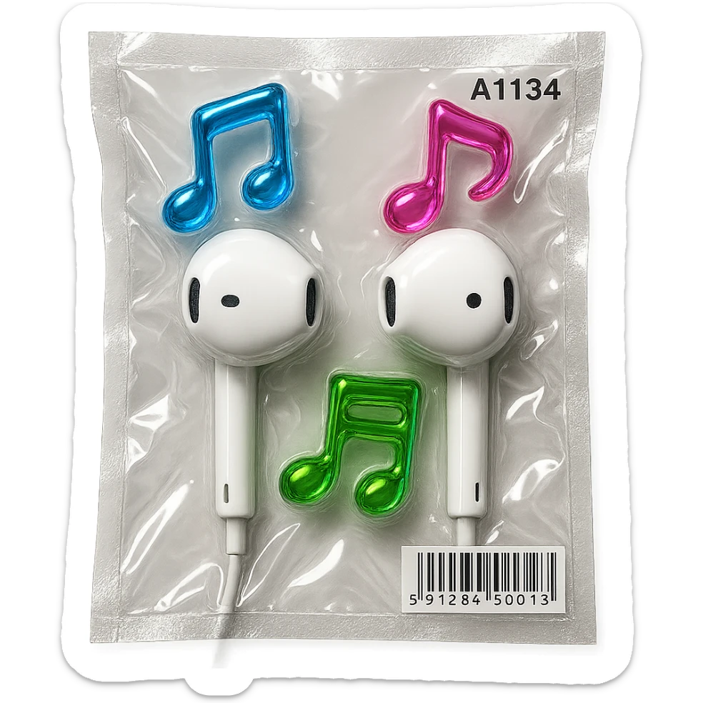 pair of white EarPods with three floating glass music notes in neon colors, shiny and puffy sticker