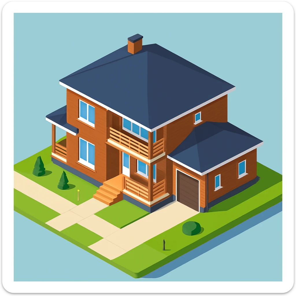 isometric illustration of the building. 3D isometric infographic design. Clean lines, bright and saturated colors, minimal unnecessary details. View from above at an angle (isometric), showing the roof, facade, and part of the surrounding area. Soft shadows, daylight lighting, no harsh contrasts. Background should be solid (blue, gray, or light tone). Add a small area around the building (roads, tiles, grass) so the building looks complete. Accurately represent the architectural features of the building (roof shape, facade, colors). Final style should be neat and polished, similar to posters or educational infographics. sticker