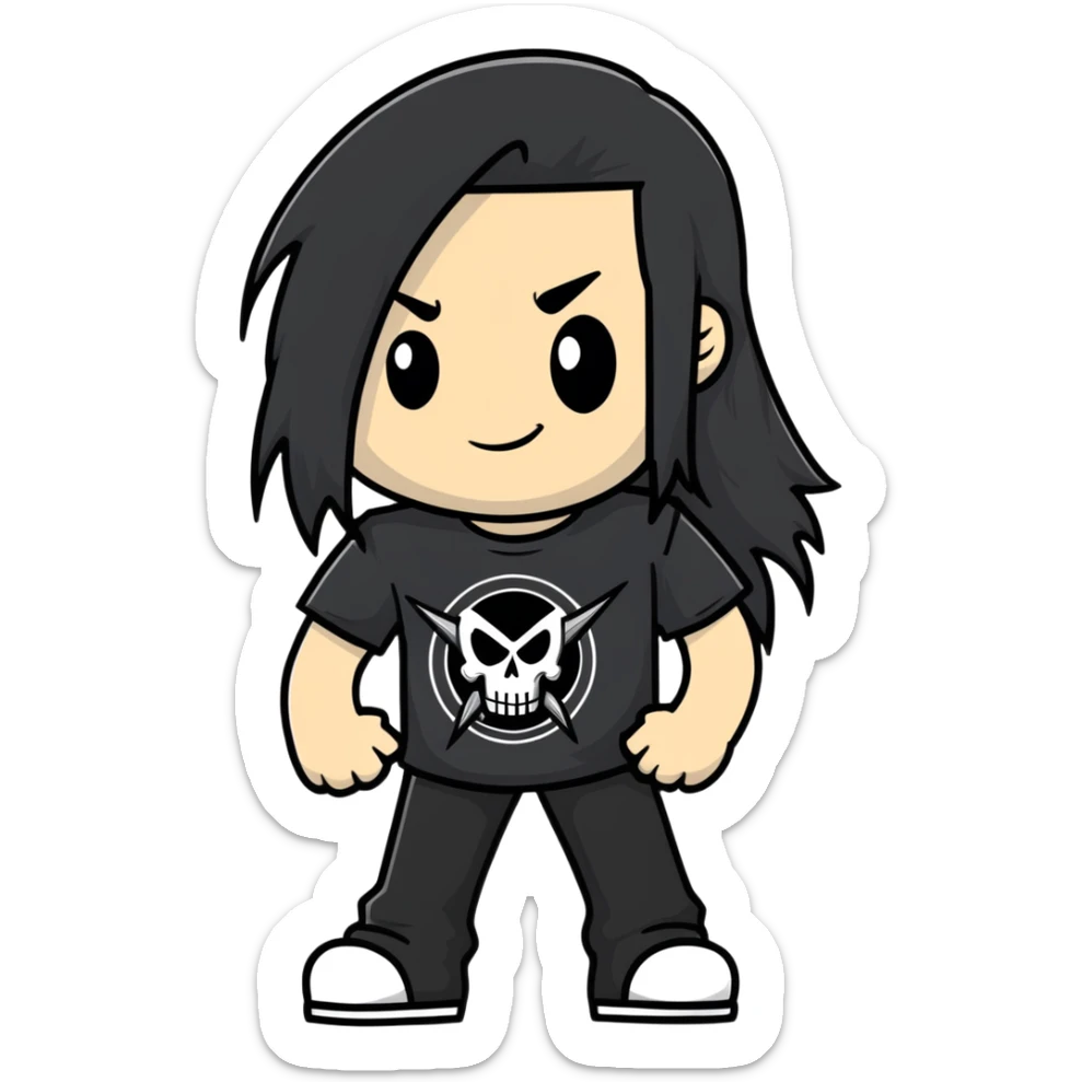 A metalhead with long flowing black hair, wearing a black heavy metal t-shirt, smirking confidently sticker