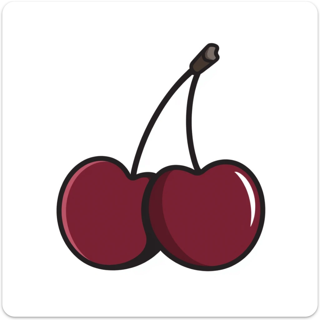 Hand-drawn pair of deep burgundy cherries with stem and leaves, dark rich red sticker