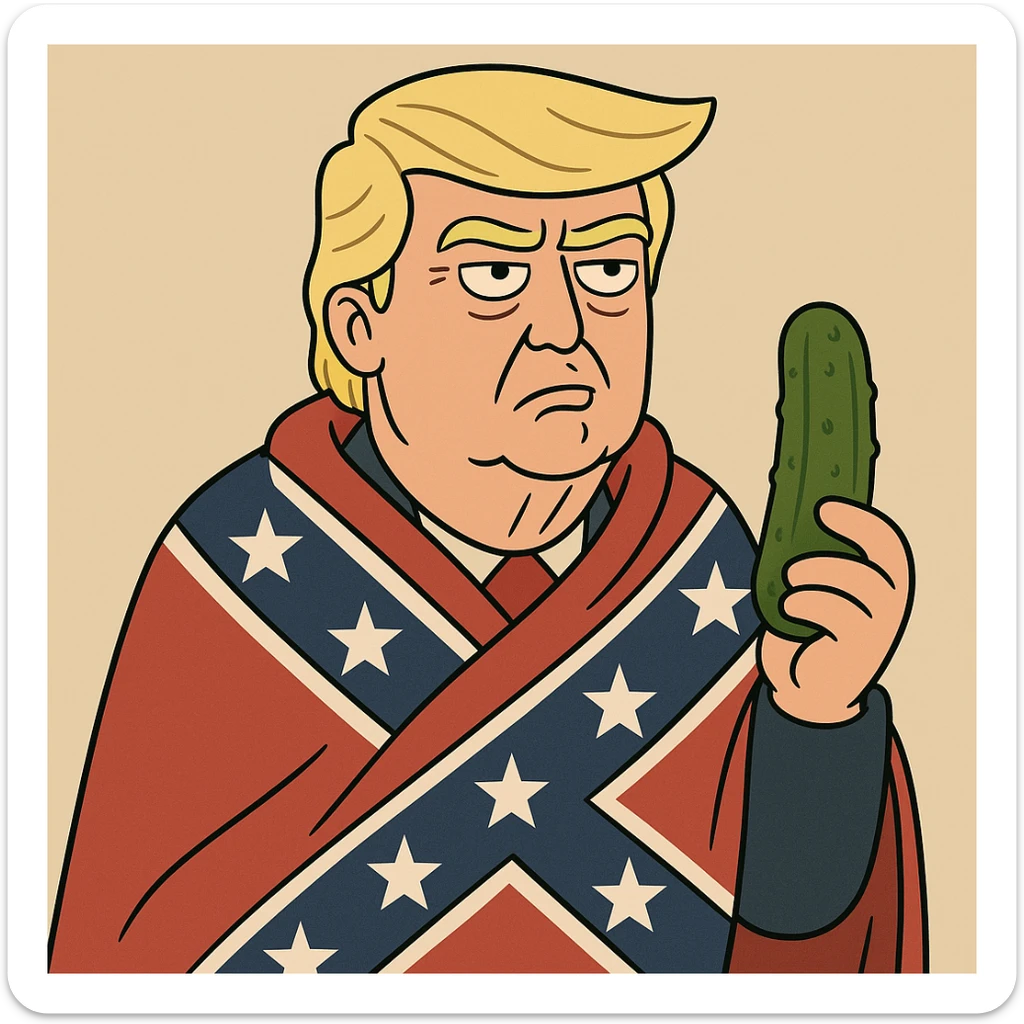 Donald Trump with a confederate flag draped over his shoulders and holding a pickle, cartoon style sticker
