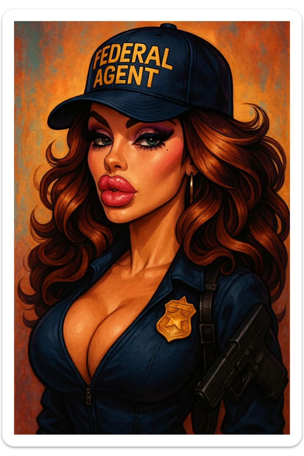 A glamorous female federal agent with exaggerated lips, big hair, a baseball cap labeled 'Federal Agent', dramatic makeup, and a large chest, stylized, detailed, vibrant colors sticker