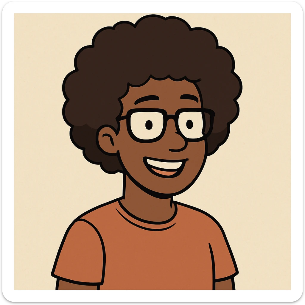 portrait of a person with afro hair, dark skin tone, brown hair, and glasses, friendly and modern style, simple and clear design, minimalistic and expressive, cheerful expression, cartoon avatar sticker