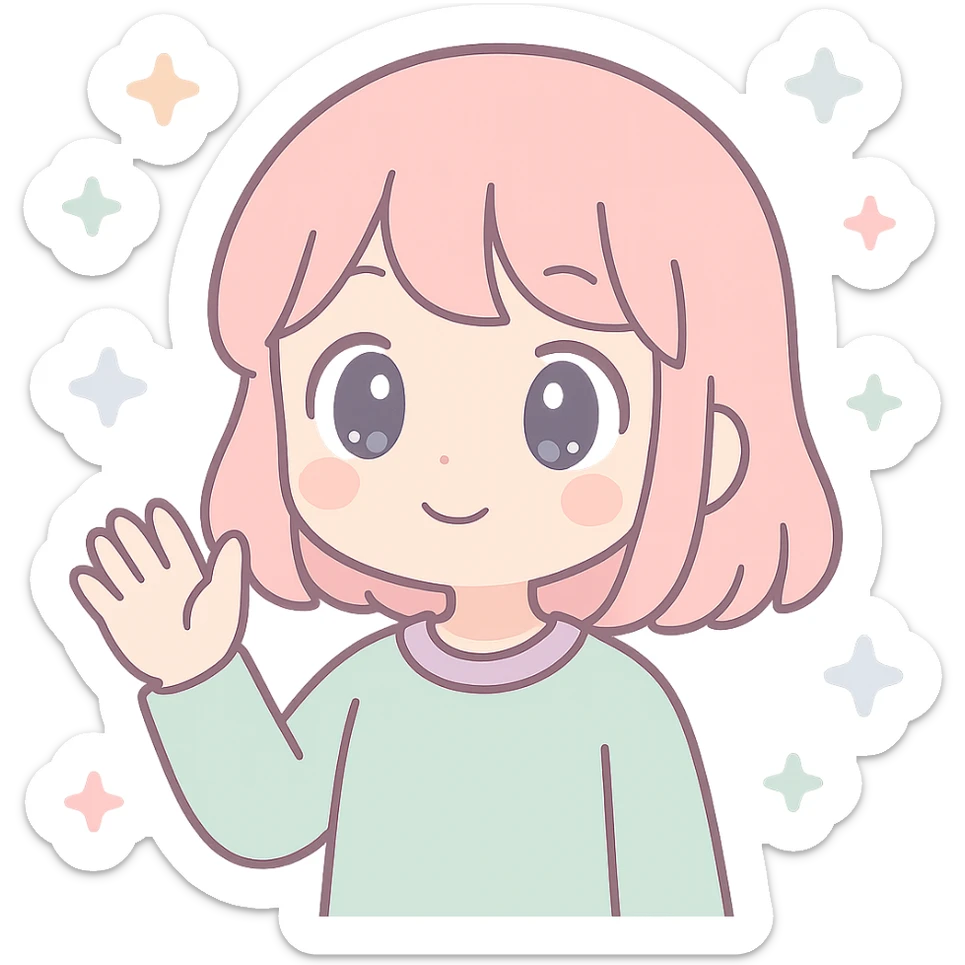 anime girl waving, soft pastel colors, gentle smile, large eyes sticker