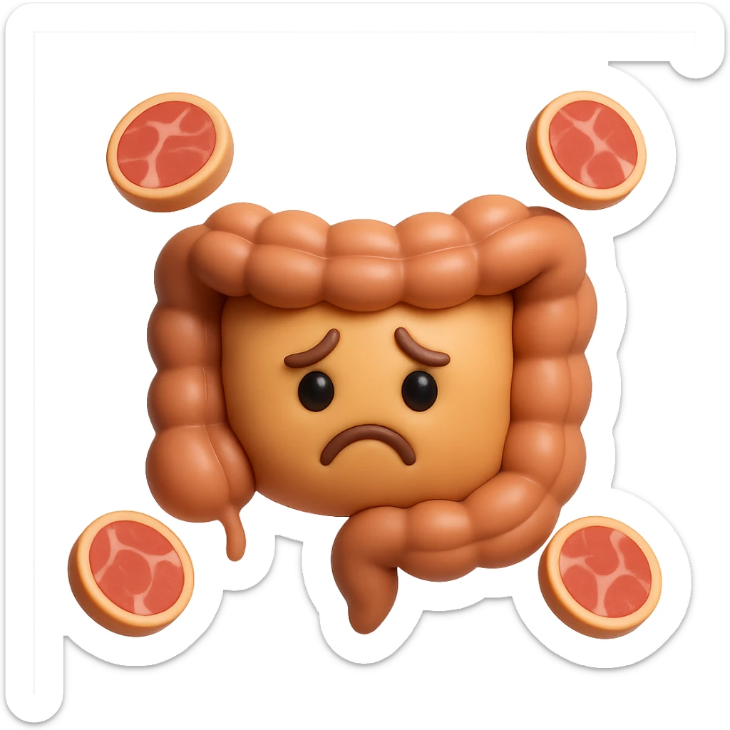 emoji stile iphone in 3d di un intestino triste con fette di carne che gli fluttuano intorno sticker