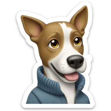 A confident cartoon dog in a gray sweater, blue jeans, and white sneakers on a muted green background. sticker