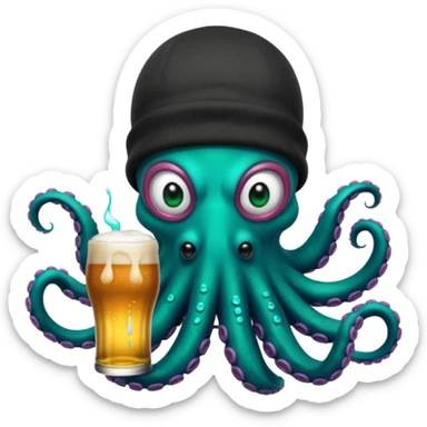 Epic octopus with an iridescent green base layer coloring and pearl black secondary layer of color, with teal neon colored suction cups under the tentacles. Octopus is wearing balaclava, a backwards hat, is holding 2 beers, and has a white teardrop face tattoo sticker