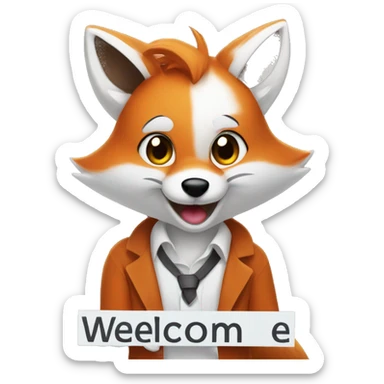 generate an emoji on the topic: a furry fox is holding a sign, and the sign says WELCOME for the discord server sticker