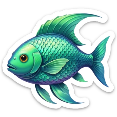 the flat side view of a green divine looking fictional fish with sticker