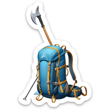 Icon for Mountain Tourism and Climbing: a mountain peak in the background, an ice axe, and climbing gear and backpack. The icon should capture the adventure and challenge of alpine exploration. Transparent background. sticker