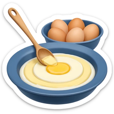 a dozen eggs, a ceramic mixing bowl with a wooden spoon and a plate of butter sticker