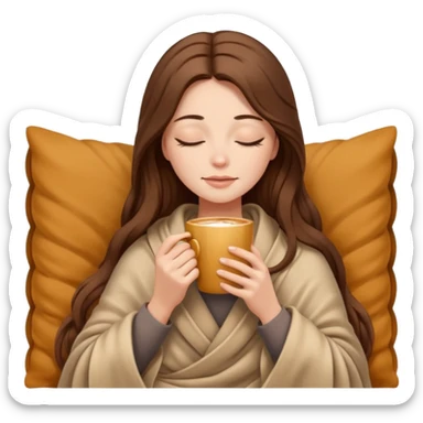 long brown hair woman closed eyes covered with cozy beige blanket, holding cup of coffee, autumn mood sticker