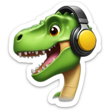 A dinosaur listening to music in headphones looks to its side sticker