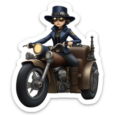 Bounty hunter Wednesday Addams Jedi wearing a pair of navy-blue rimmed steampunk goggles, hat, leather chaps, fringe jacket riding a relaxed sci-fi 3 wheeled steampunk rat rod motorcycle with large fenders and saddlebags in desert town  sticker