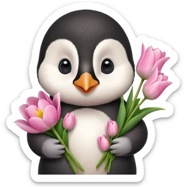 Cute baby penguin holding flower bouquet wraped in white paper and all flowers tulips in pink colour sticker