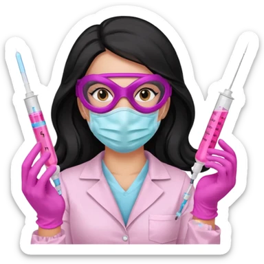 laboratorista con guantes rosa y mascarilla rosa  jeringa tubos  pelo negro largo triguella sticker