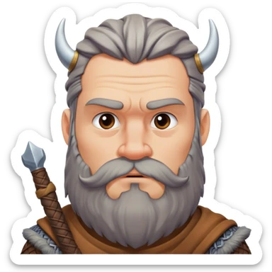  viking face with furrowed eyebrows looking upwards with thumb and index finger resting on its chin. sticker