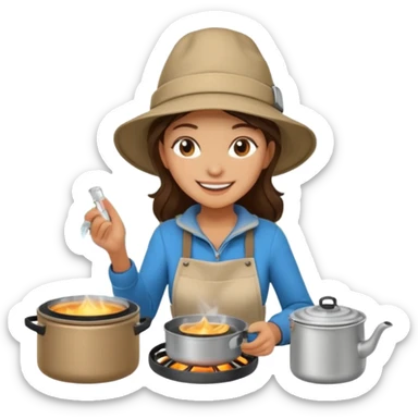 A woman camper boiling water on a portable stove, enjoying the outdoor sticker