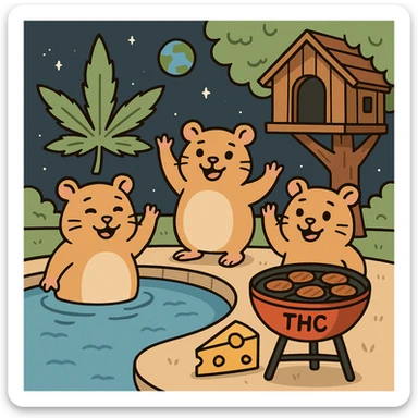 Discord server icon, 512x512 px, square format, summer pool cookout scene with up to 3 hamsters waving and smiling, weed leaf, cheese, and THC theme, near a treehouse, in space. Flat toon style, soft but colorful, bold outlines, nostalgic, fun, inviting, summer party vibe, clear composition, less vibrant colors, crisp details, designed to look good even at tiny size. sticker