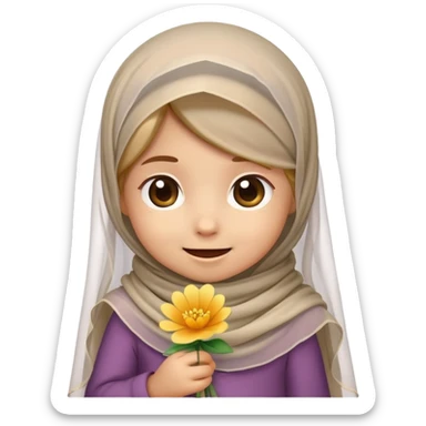 Emoji of a mischievous little girl wearing a veil and a scarf with a flower in her hand sticker
