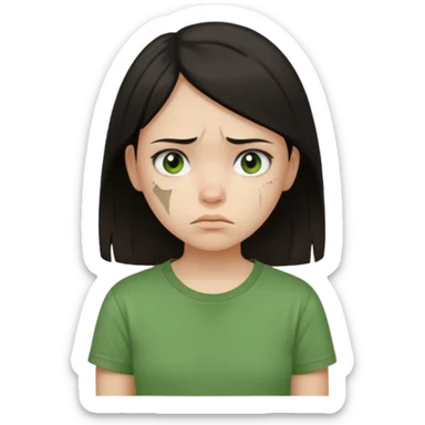 Young girl with straight, dark hair, damaged and unattractive, wearing a green T-shirt, looking sad sticker