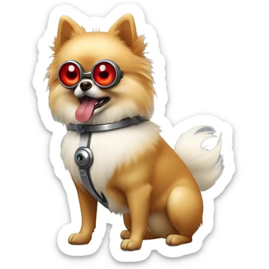 angry pomeranian cyborg with red robotic right eye and normal left eye sticker