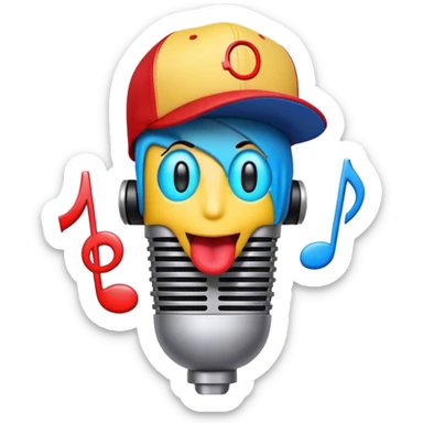 Create a bold and playful emoji that represents beatboxing. The design should feature a microphone with a cap placed on top, with large lips peeking out from under the cap. From the lips, bass clef symbols are bursting outward, symbolizing the vocal percussion and rhythm of beatboxing. Add soundwaves or beat patterns to reflect the energetic and creative nature of the art form. Use vibrant, bold colors like neon blue, red, and yellow to convey the street culture and intensity of beatboxing. The background should be transparent. sticker