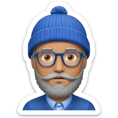 Create a figure that reflects an experienced entrepenurr but who has professional and elegant clothing, blue winter cap, grey glasses, brown eyes and an unkempt beard  sticker