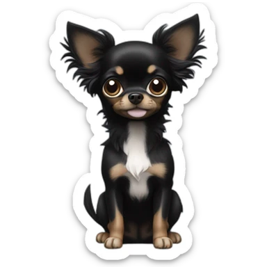 A only black Chihuahua with long earhairs an a fluffy tail and a white chest  sticker