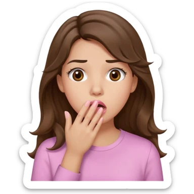 girl with wavy long brown hair, brown eyes, light to medium complexion, long lashes, light pink lipstick, wearing light pink shirt, shocked, hand covering mouth, oh no  sticker