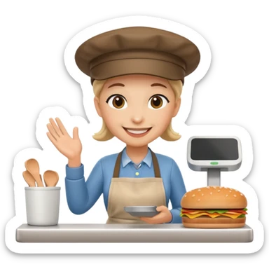 A 3D cartoon deli worker wearing an apron and hat, serving a customer at the counter, friendly smile, Memoji-style. sticker
