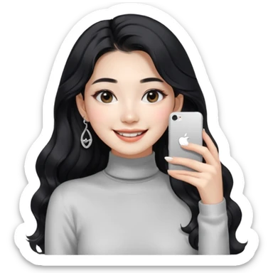 Korean 24-year-old female online shopping mall seller / white face / earrings / smiling expression / long wavy hair / influencer vibe / fashionable / black hair / silver earrings / skinny white turtleneck sticker