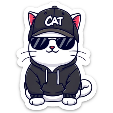 cat wearing a black snapback cap, black hoodie, and black sunglasses low on his nose that he is peering over, doing graffiti art with spray paint, street art style sticker