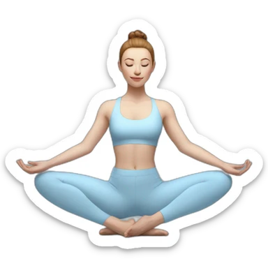 Pale skinned fit woman In a light blue tight yoga suit and wristbands With brown hair in a bun doing yoga sticker