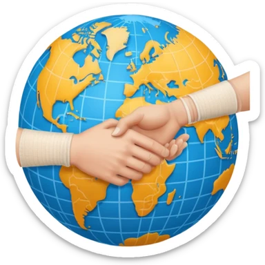 Generate an emoji of two hands shaking in front of a globe. Have the global have a bandage wrapped around it. sticker