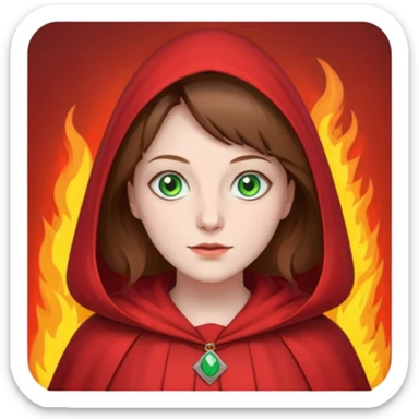 Handmaid woman with brown hair and green eyes. Only head. Background fire sticker