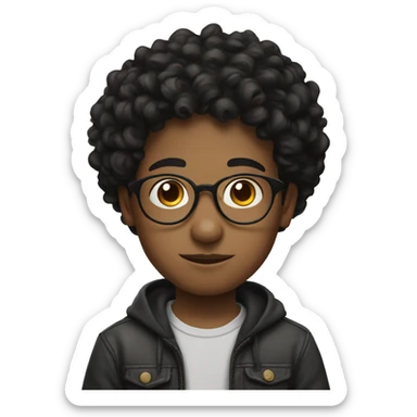 a boy , rounded glasses , short curly black hair , tin nose and mouse and large face sticker