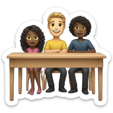a desk with 3 people sitting behind it, different races and hair styles sticker