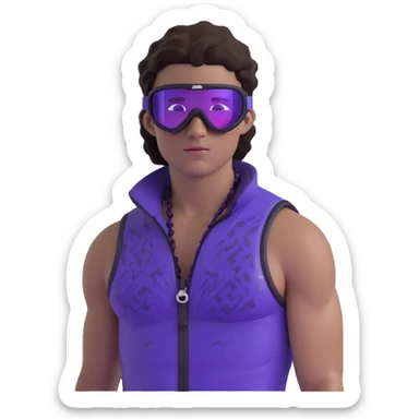 male athlete with white skin and moderately curly dark brown hair on top with shaved sides, wearing ski goggles with purple frames and very dark black lenses, a simple plain black chain necklace, and a completely unzipped sleeveless vest with purple and black sequin fire pattern design with no logo, fully revealing his chest, shoulders and arms, no earrings sticker