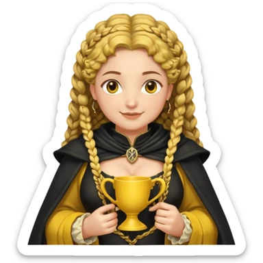 Helga Hufflepuff, 2 curly thick brown braids, yellow-black medieval dress, black cloak decorated with gold braiding, tiny two-handled shiny yellow-gold cup, very kind smile, curvy busty sweet woman, thick rosy cheeks sticker