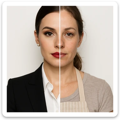 hyper realistic split-image of a woman, one half with elegant makeup and business suit, other half natural, homemaker apron, white background, symmetrical, clear contrast sticker